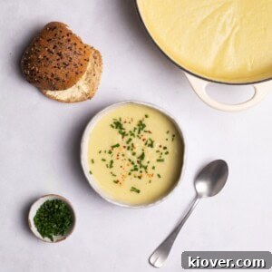 Leek and Potato Soup served in a bowl.