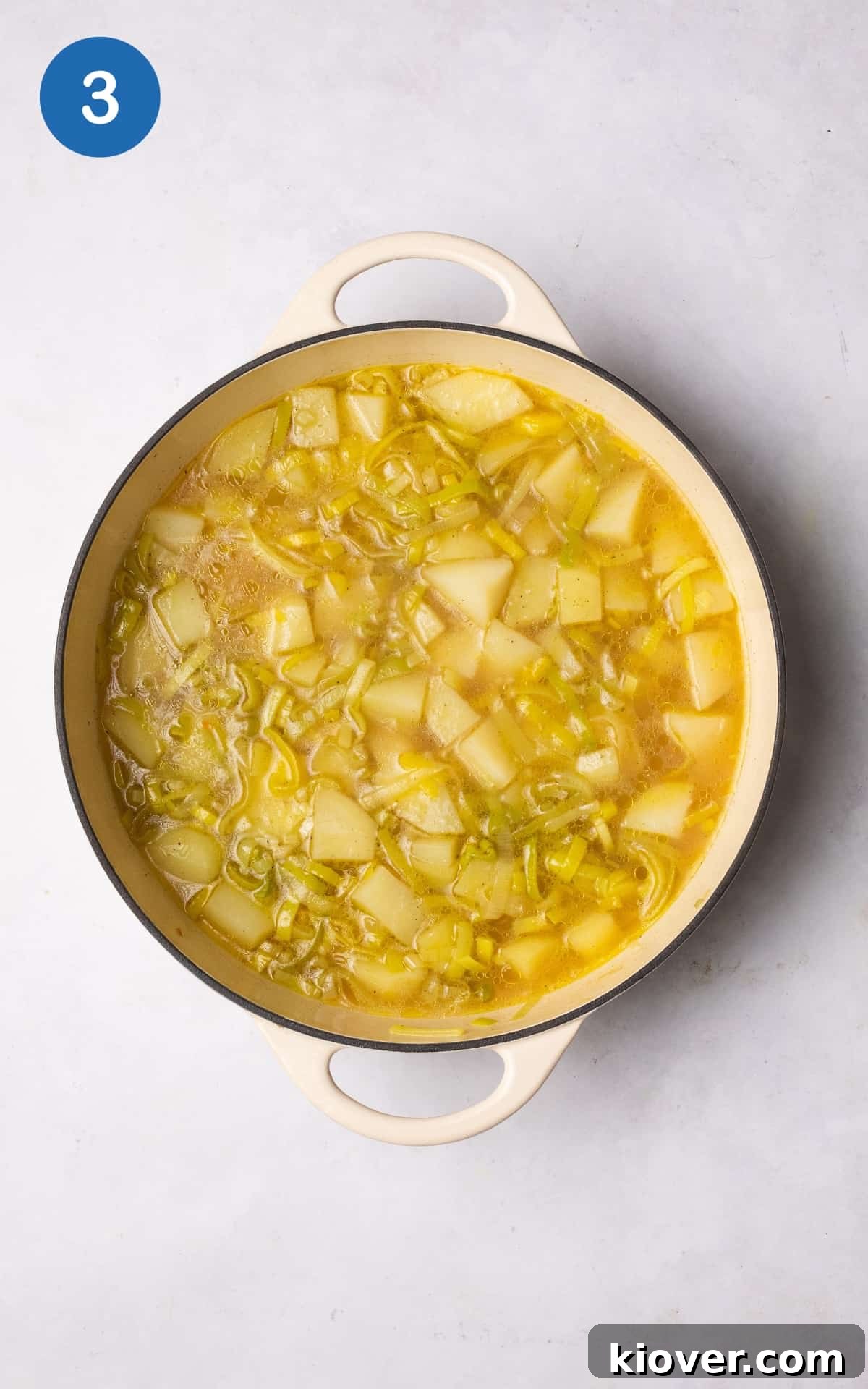 adding vegetables and vegetable stock to a cooking pot.