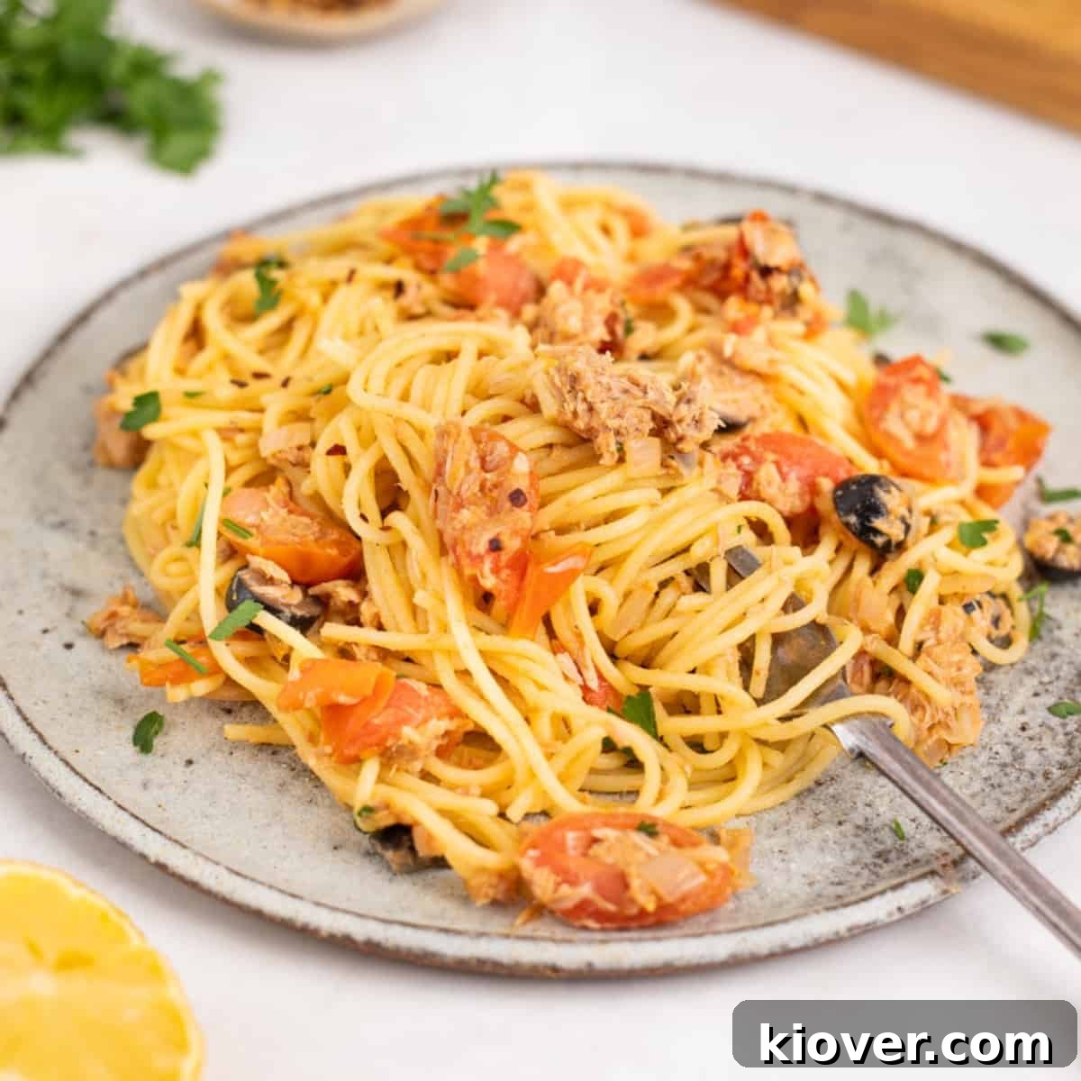 tuna pasta on a plate.