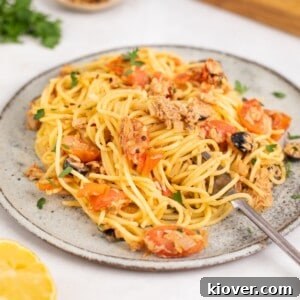 tuna pasta on a plate.