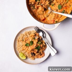 43 Gluten-Free Vegan Recipes for Everyday Meals and Desserts 15 Colorful Vegetable Curry served on a plate with brown rice.