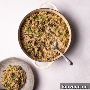 43 Gluten-Free Vegan Recipes for Everyday Meals and Desserts 20 Vegan Mushroom Risotto served on a plate and in a serving dish.