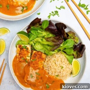 43 Gluten-Free Vegan Recipes for Everyday Meals and Desserts 23 Vegan Katsu Curry on a plate with vegetables and rice.