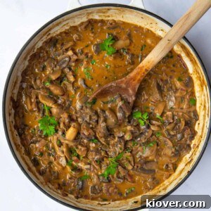 43 Gluten-Free Vegan Recipes for Everyday Meals and Desserts 26 mushroom stroganoff on large pan displayed on white background