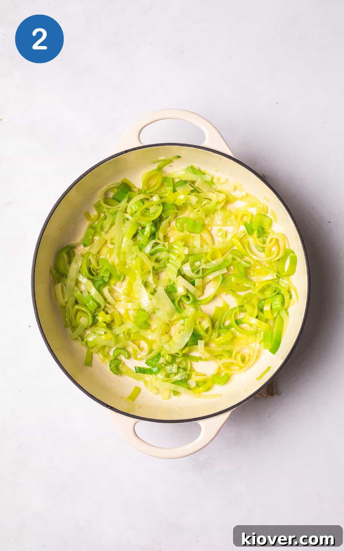 Creamy Celeriac Soup Recipe with Garlic and Thyme 5 frying leek and celery on olive oil in a large pan.