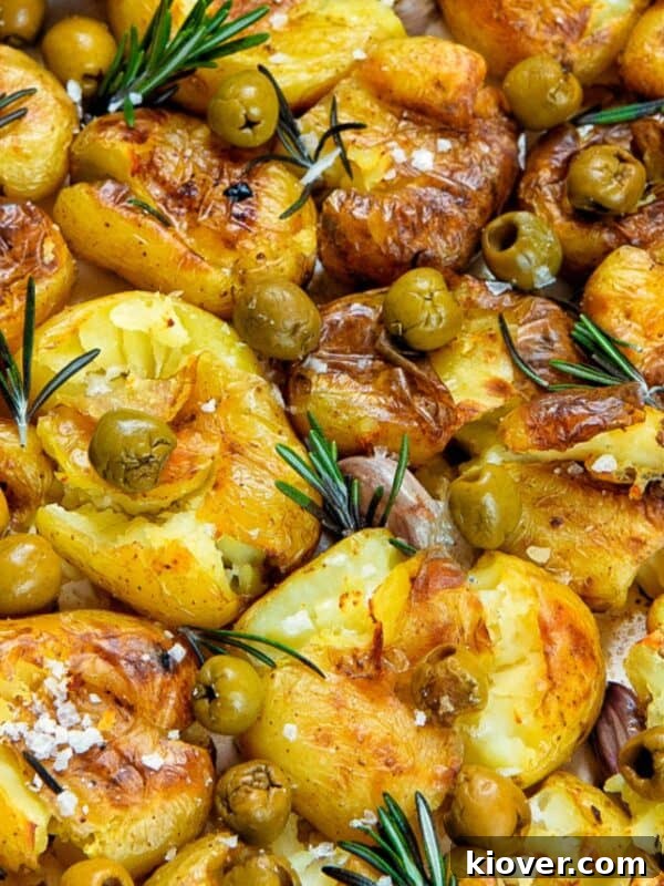 Smashed potatoes with olives.