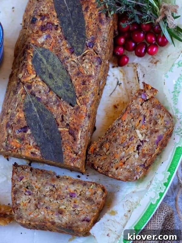 nut roast sliced on a plate.