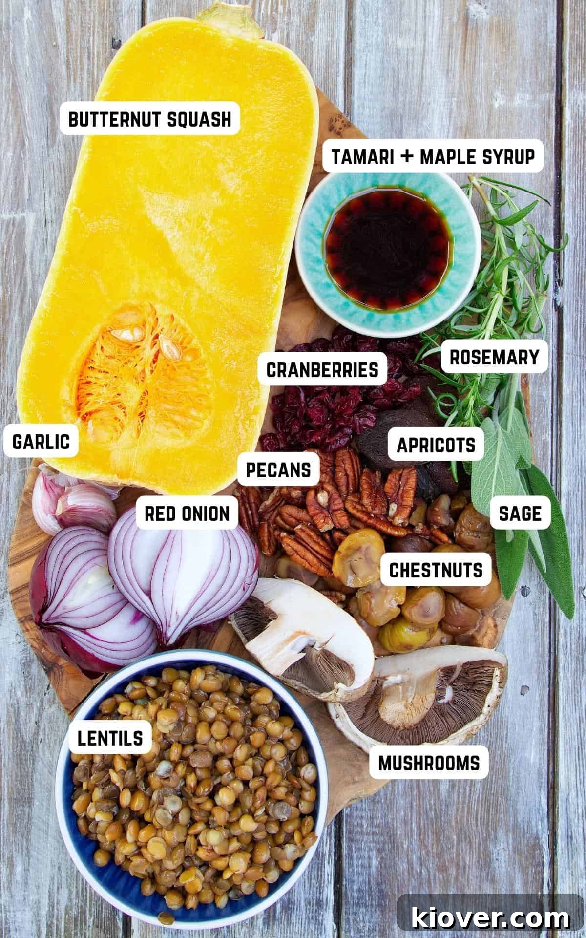 stuffed butternut squash ingredients laid out on a chopping board.