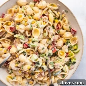 tuna pasta salad with fresh vegetables.