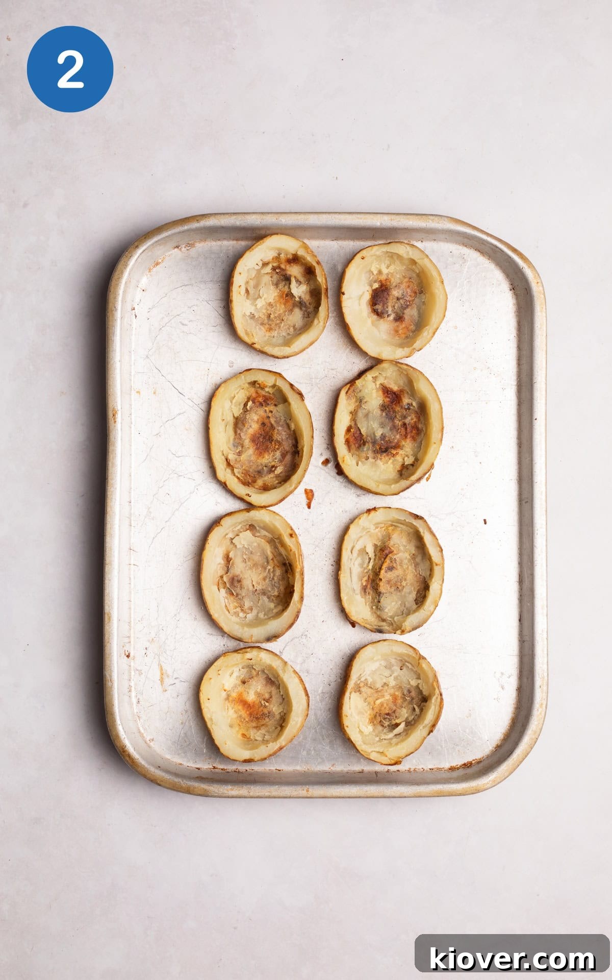 potato skins on a baking tray.