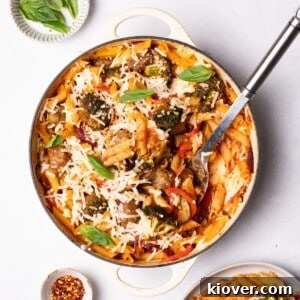 sausage pasta bake with vegetables.