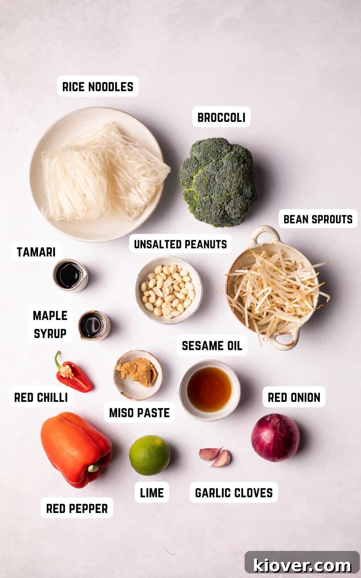 Authentic Vegan Pad Thai Recipe: Flavorful Plant-Based Noodles 3 Ingredients to make Vegan Pad Thai on a white backround.
