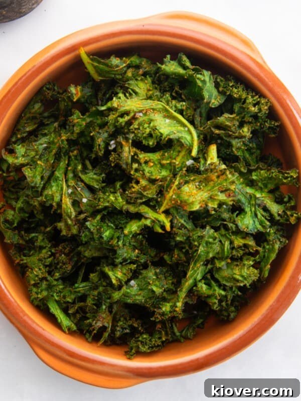 air fryer kale chips in a bowl.