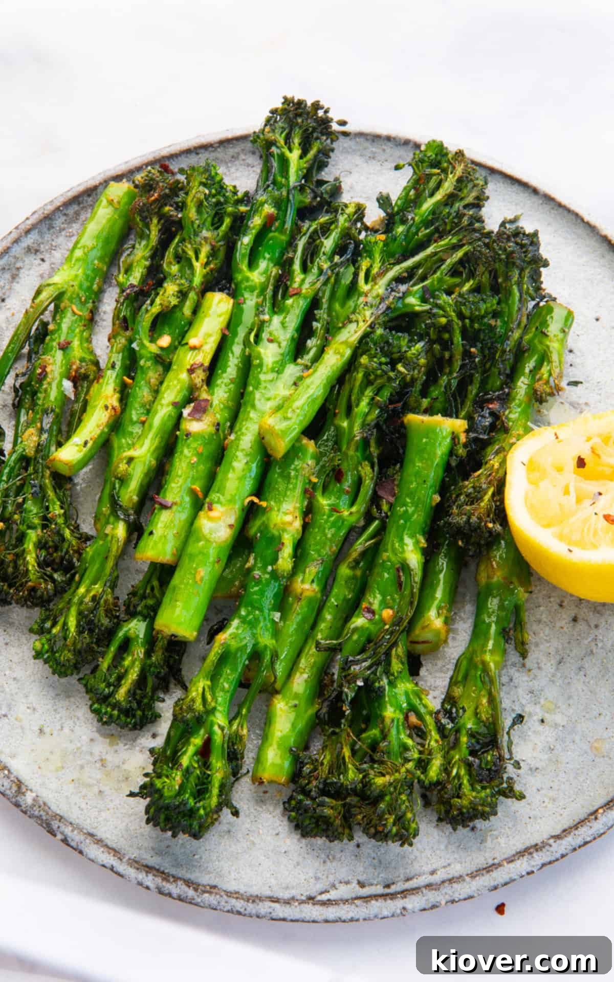 Air Fryer Tenderstem Broccoli on a plate as a side dish.