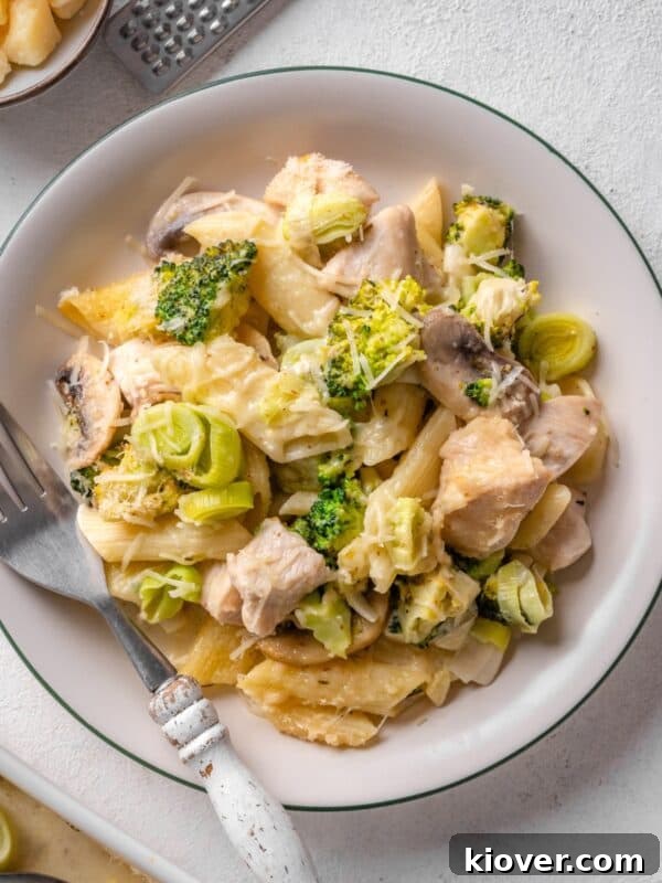 Classic Chicken and Leek Pie Recipe for Comforting Dinner 13 chicken pasta bake on a plate.