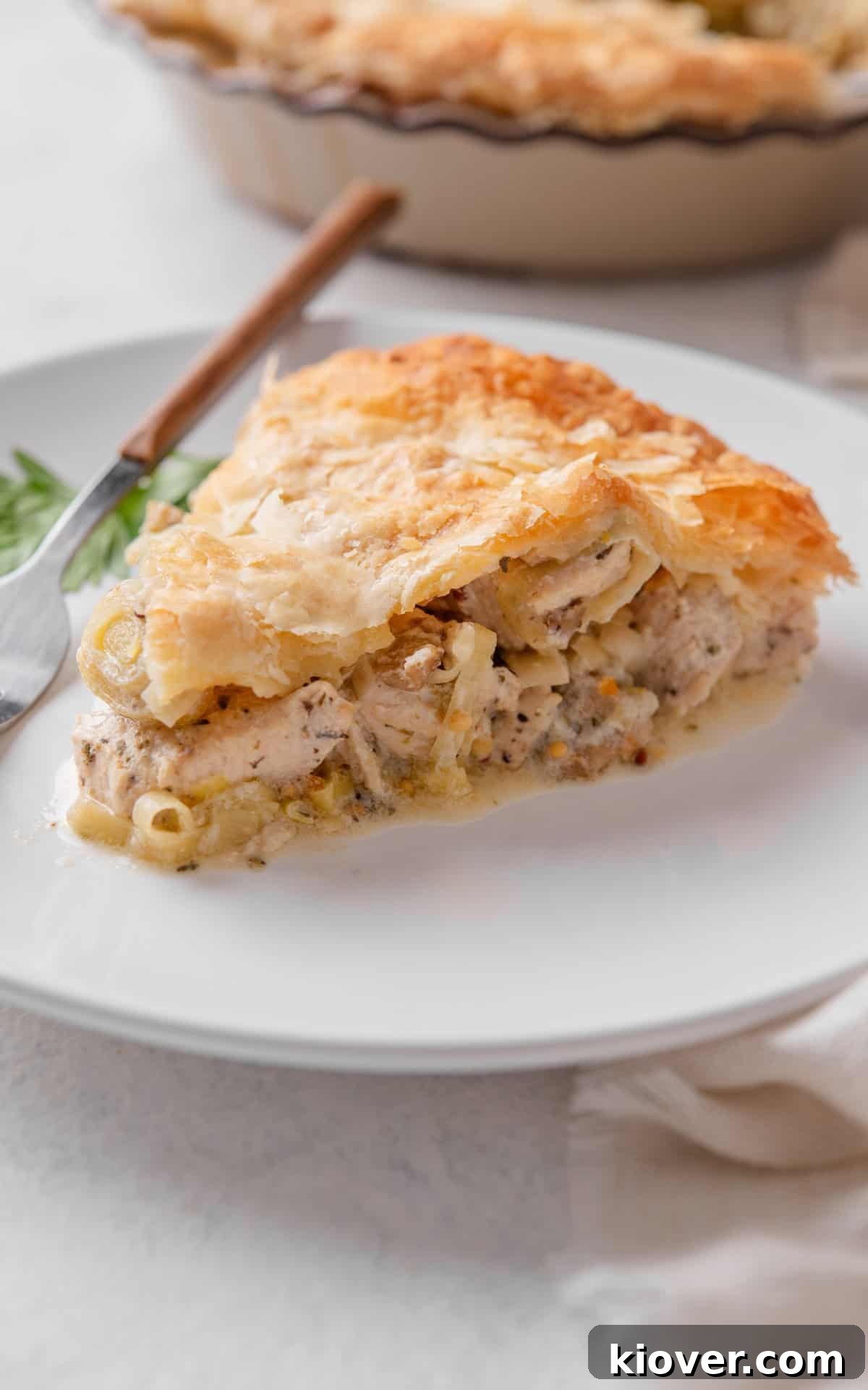 Classic Chicken and Leek Pie Recipe for Comforting Dinner 10 slice of chicken and leek pie on a plate.