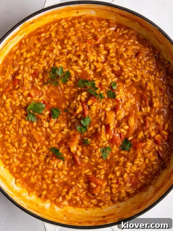 overhead shot of tomato risotto in large shallow frying pan on white surface.
