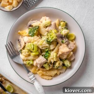 Creamy Chicken Pasta Bake with Melty Cheese and Herbs 16 chicken pasta bake on a plate.