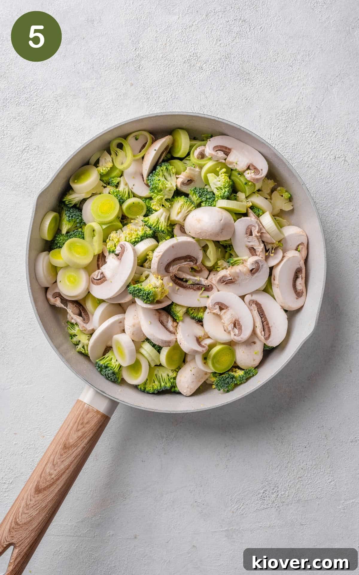 Creamy Chicken Pasta Bake with Melty Cheese and Herbs 8 leeks, mushrooms, and broccoli added to the skillet with chicken.