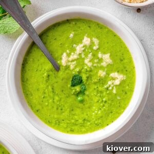 pea and mint soup in a bowl.