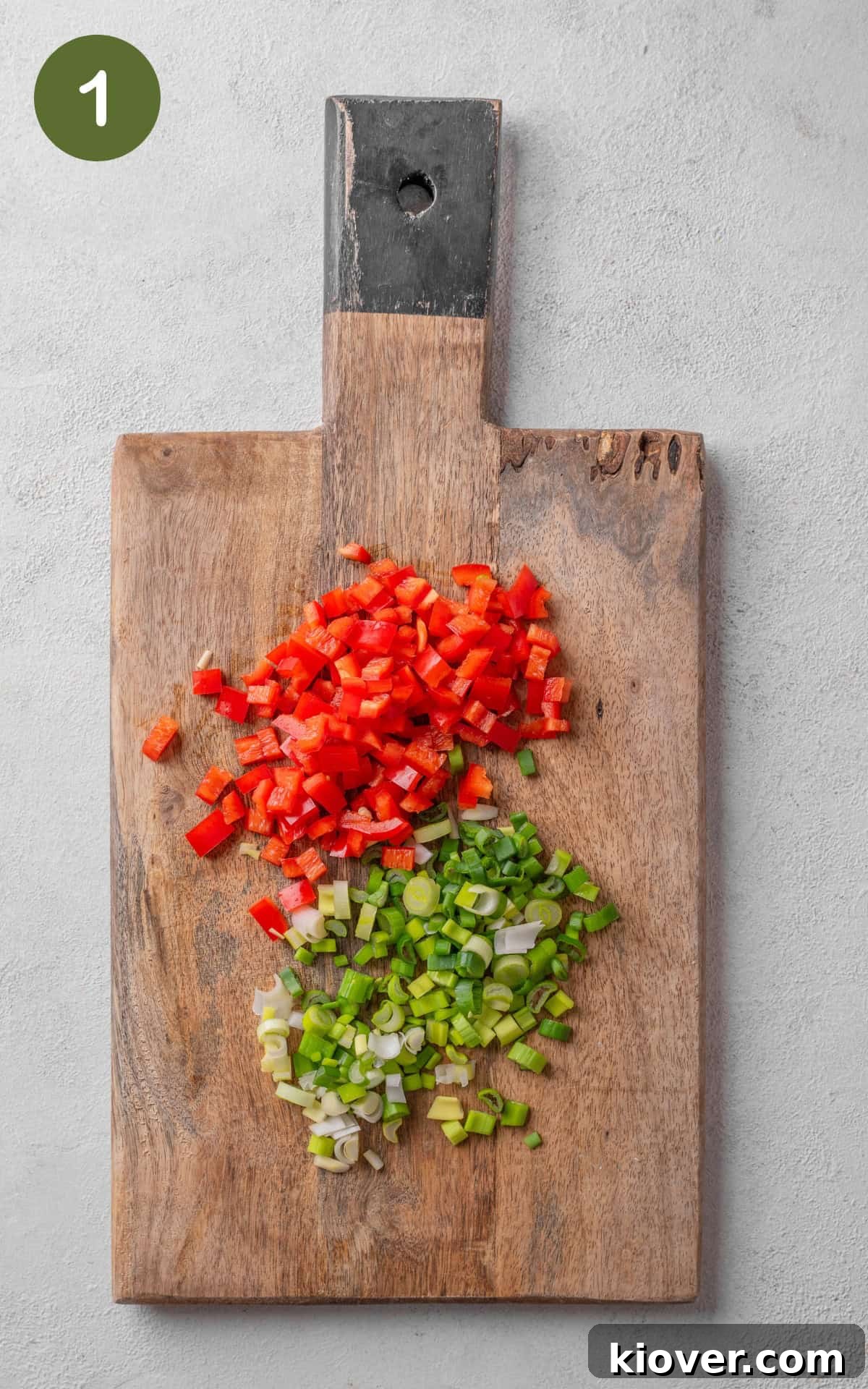 chopped green onions and red bell pepper.