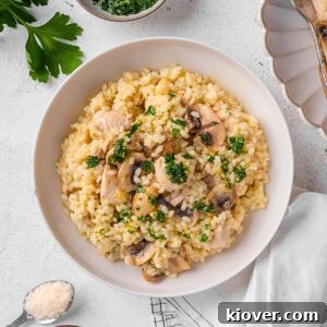 Chicken and Mushroom Risotto served on a plate.