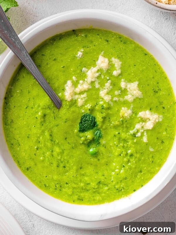 Creamy Spinach Soup Recipe with Garlic and Lemon 13 pea and mint soup in a bowl.