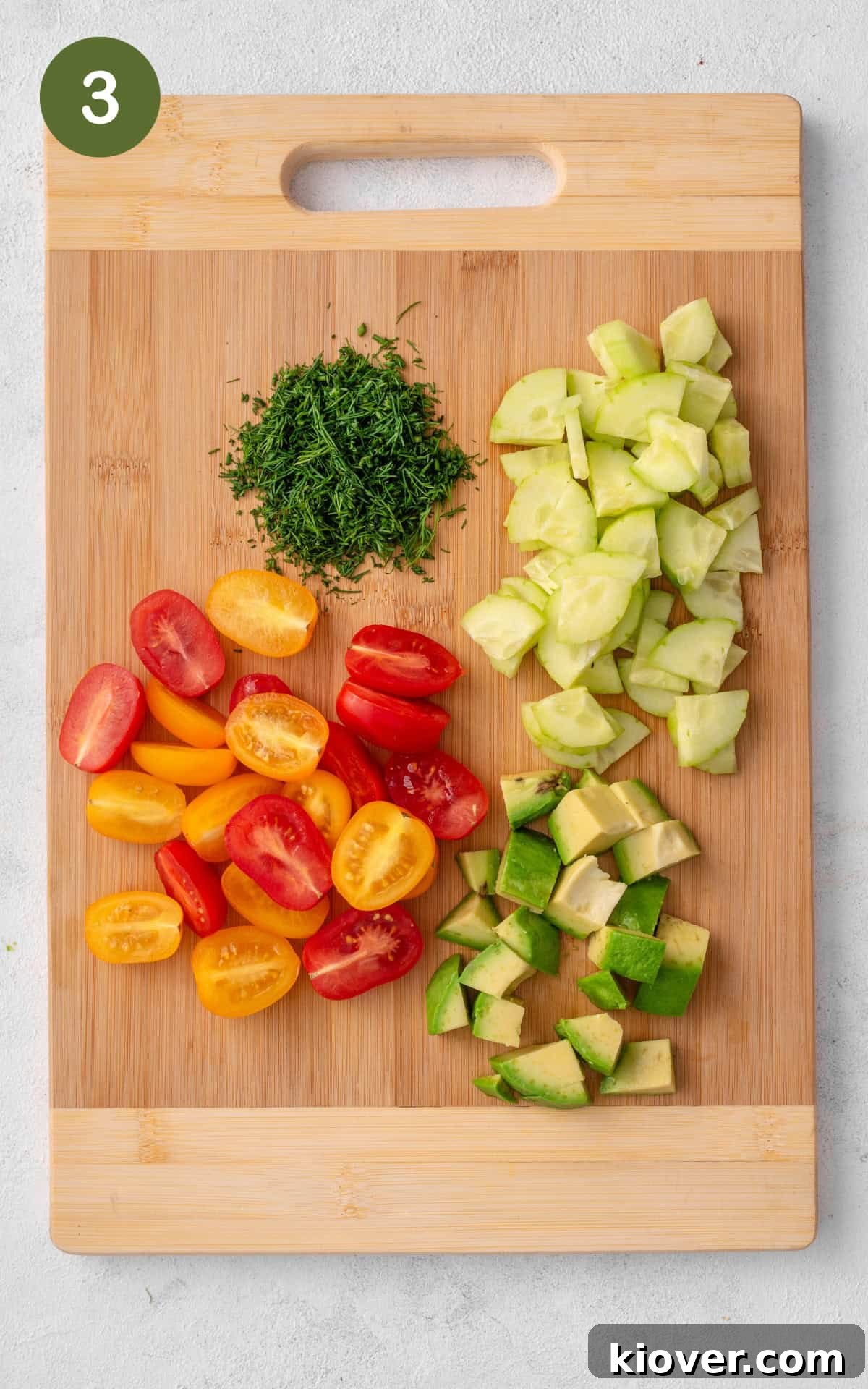 Smoked Salmon Salad with Avocado & Lemon-Dill Dressing 6 Chopped vegetables on a cutting board.