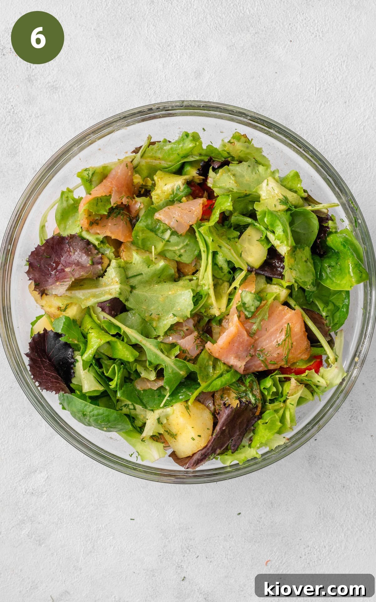 Smoked Salmon Salad with Avocado & Lemon-Dill Dressing 9 Smoked salmon salad in a mixing bowl.