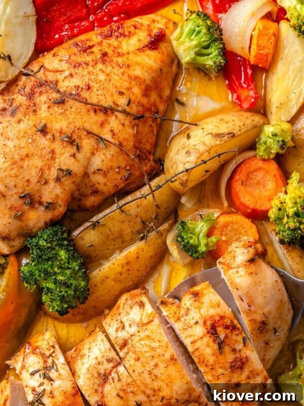 Chicken and vegetables in a baking tray.