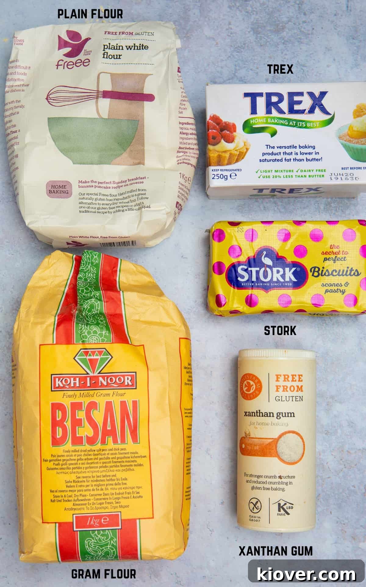 ingredients to make gluten free pastry for quiche on grey marbled surface.