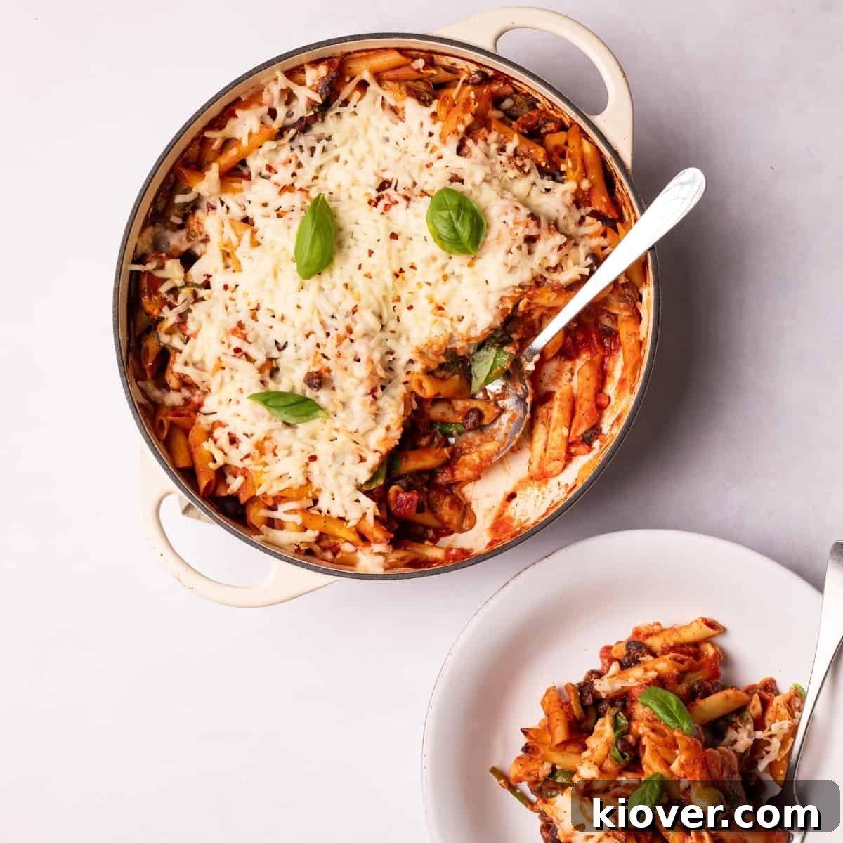 Vegan Pasta Bake served in a dish and on a plate.