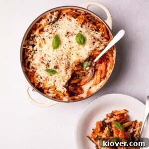 Vegan Pasta Bake served in a dish and on a plate.
