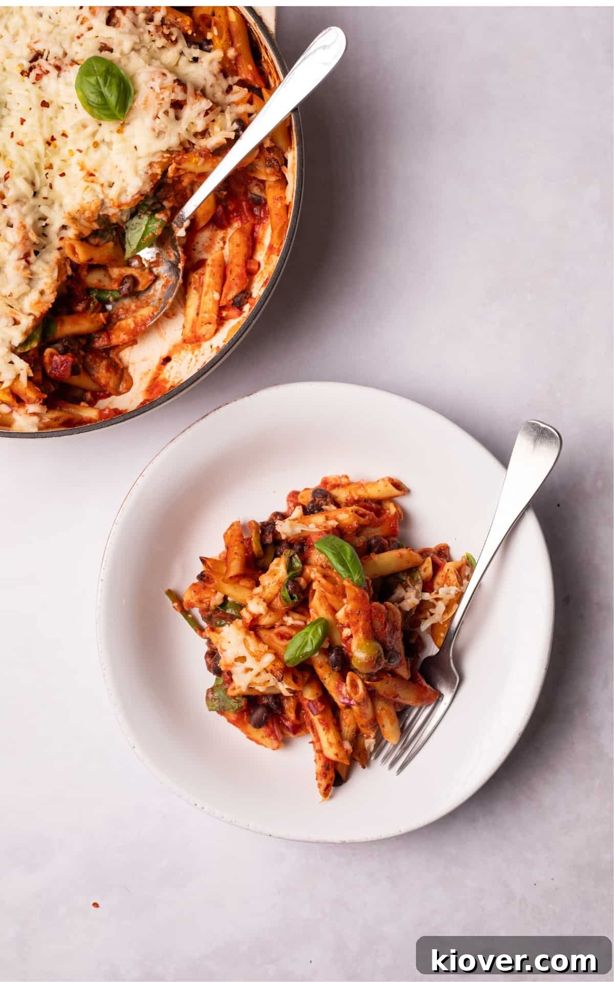 Vegan Pasta Bake on a plate with a fork.