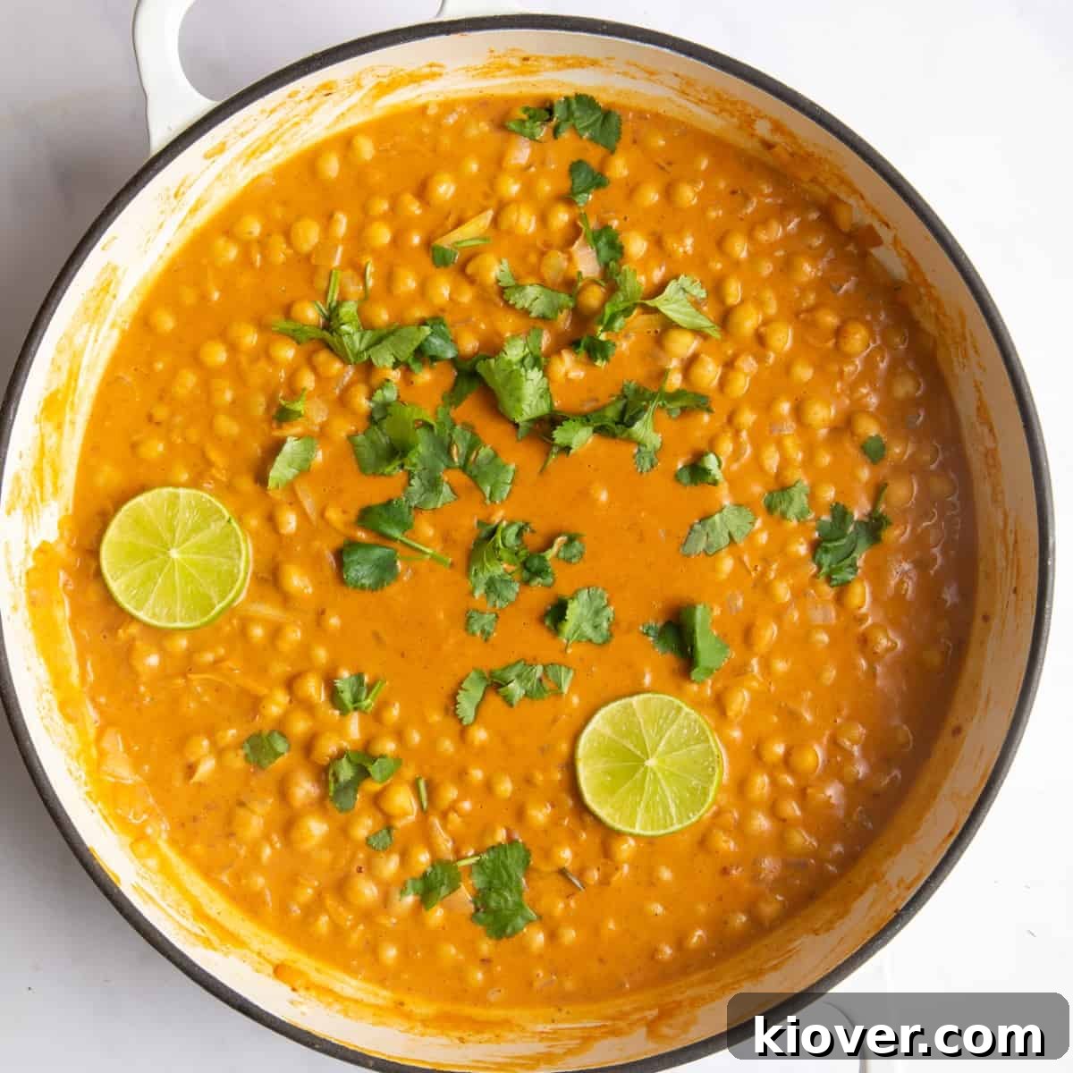overhead shot of peanut butter curry in large white casserole dish.
