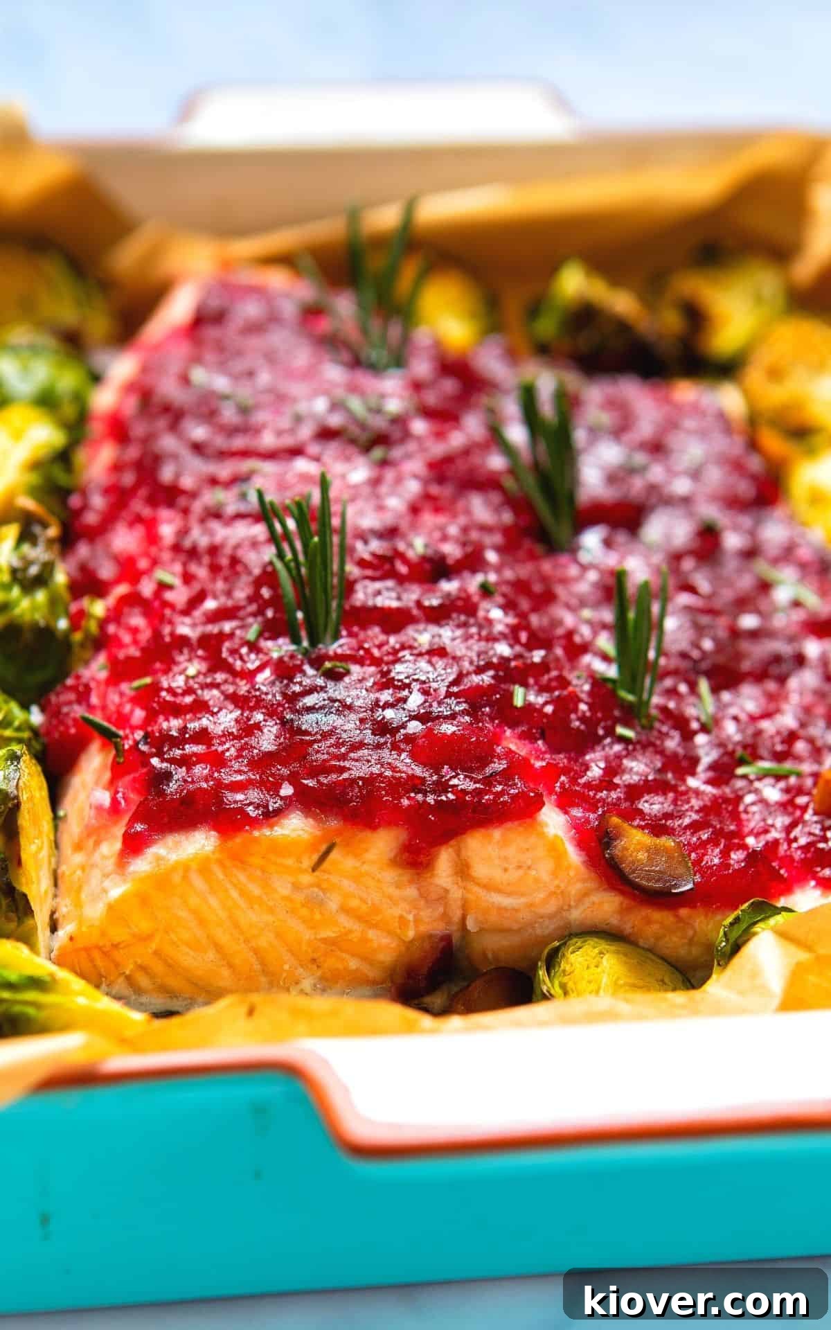 Festive Baked Salmon for Christmas Dinner 7 Close up of a salmon baked with cranberry sauce.