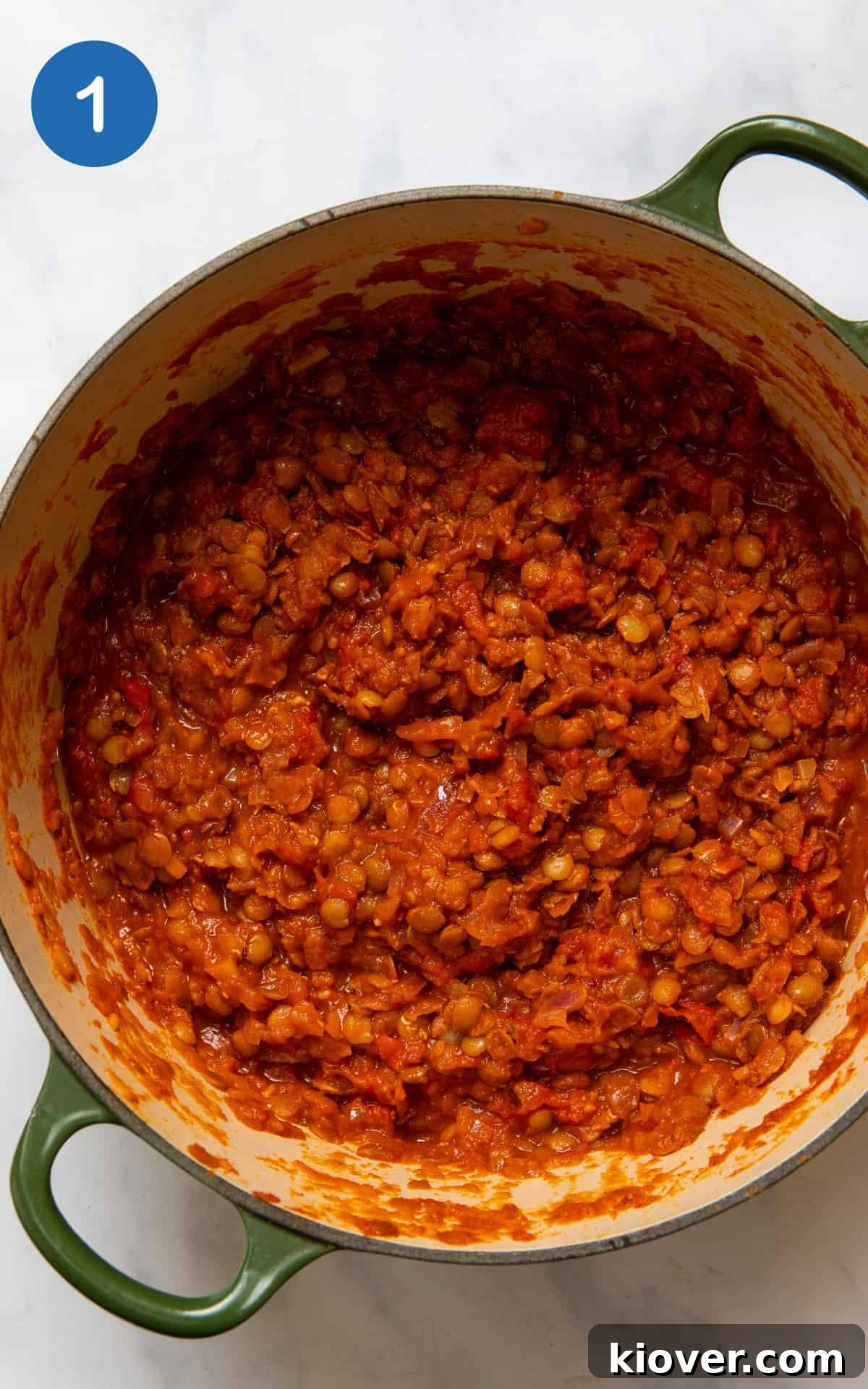 Creamy Baked Eggplant Casserole with Garlic and Herbs 4 Canned Tomato and Lentil base in a large pot displayed on white background.