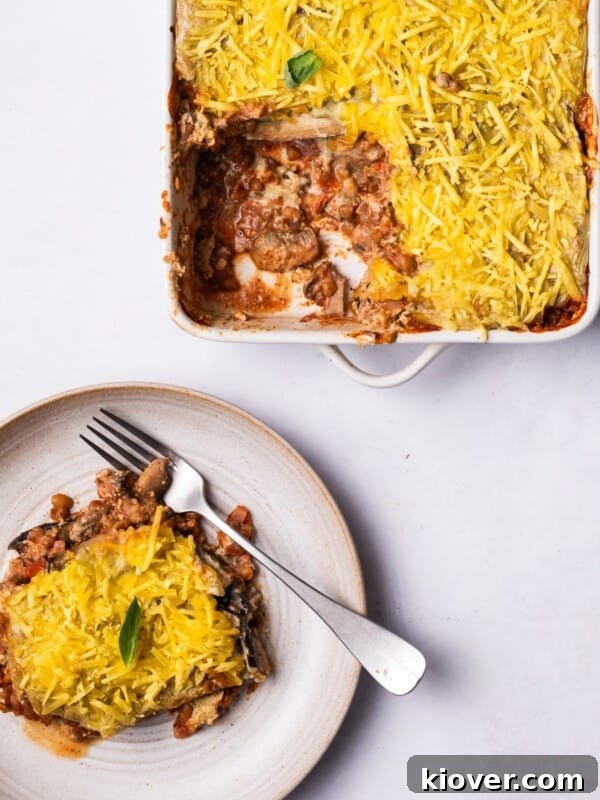Creamy Baked Eggplant Casserole with Garlic and Herbs 9 Vegan Moussaka served on a plate.