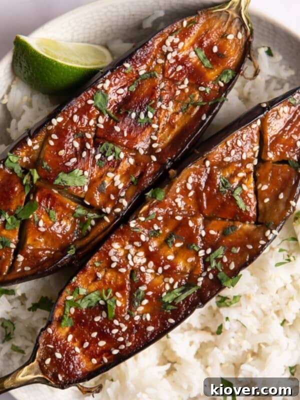 Creamy Baked Eggplant Casserole with Garlic and Herbs 10 2 miso-glazed aubergines on a bed of white rice with lime wedges.