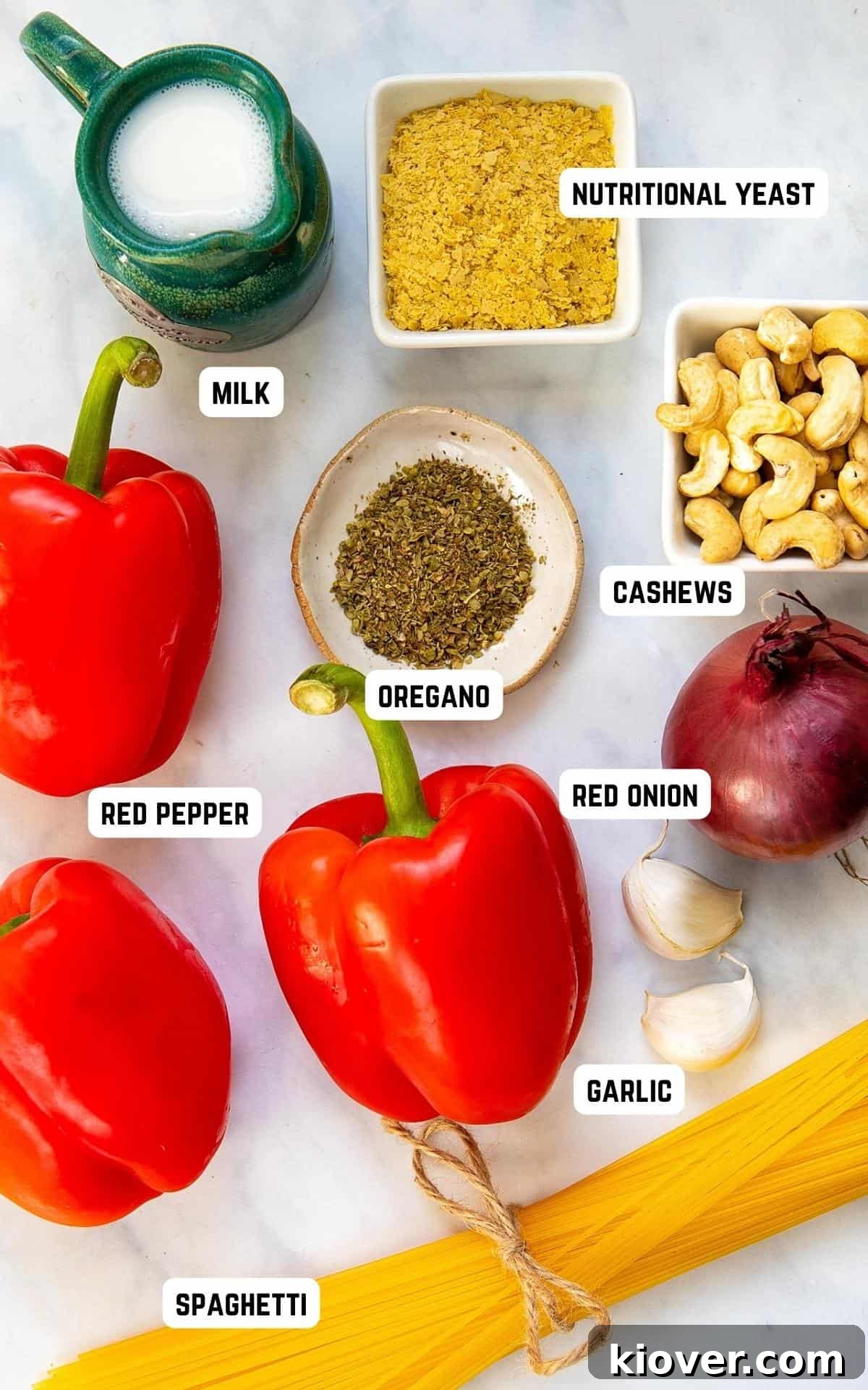 Creamy Roasted Red Pepper Pasta Recipe for Dinner Tonight 3 ingredient for red pepper pasta laid out.