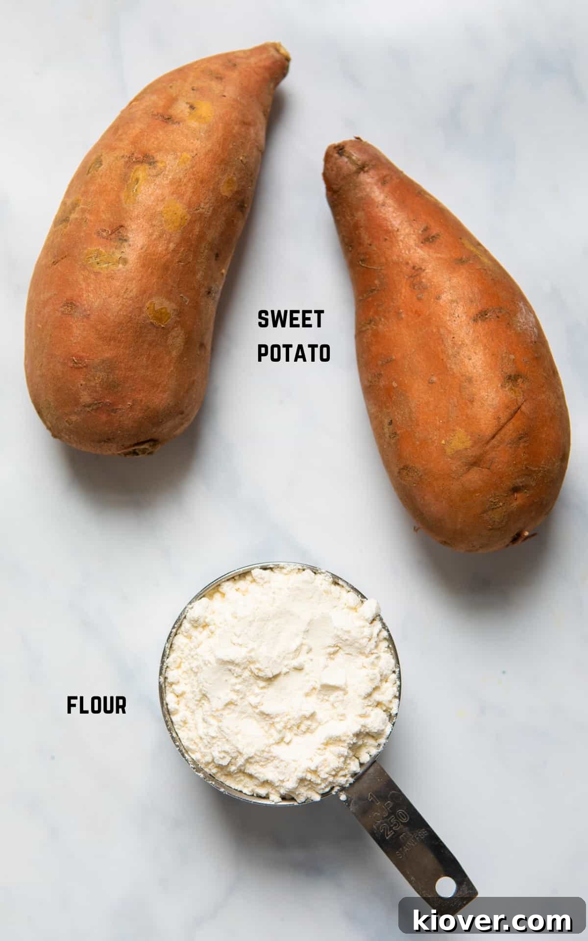 Sweet Potato Gnocchi Recipe: Light, Fluffy & Flavorful 3 Ingredients required to make Homemade Sweet Potato Gnocchi. gluten-free flour plus sweet potato on a marble background.