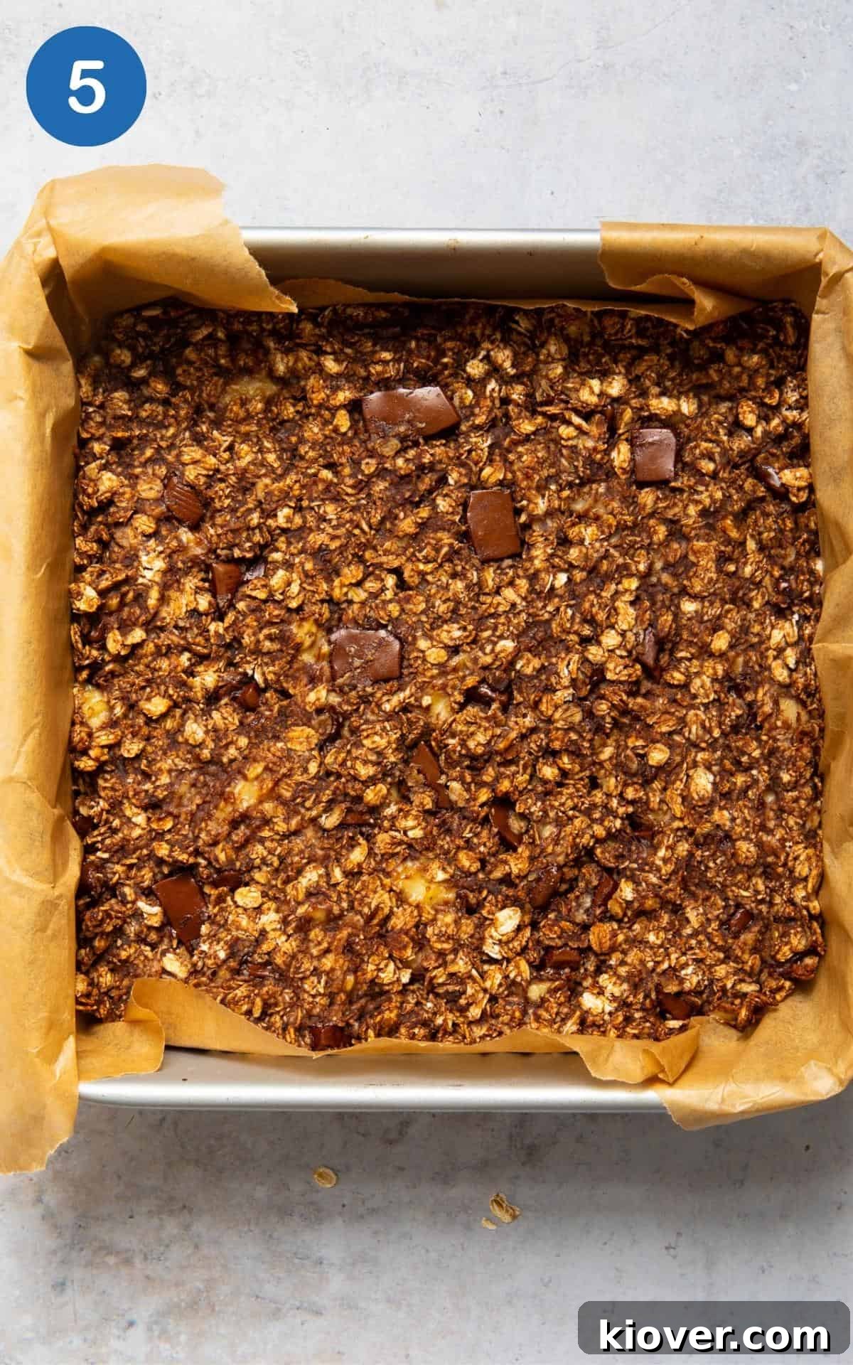Flapjacks in baking tray before cutting.