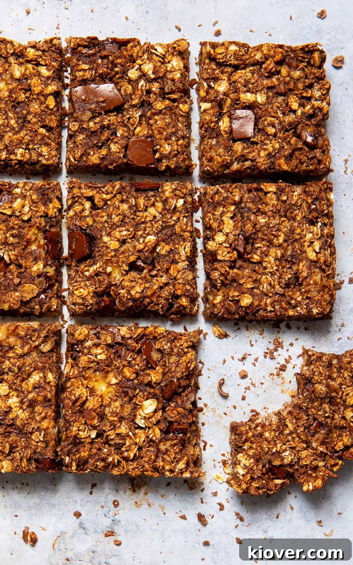 sliced chocolate flapjacks with one bitten.
