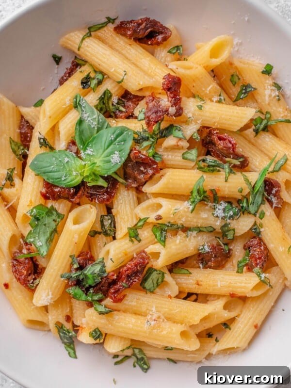 Sun dried tomato pasta with fresh basil and parmesan cheese.