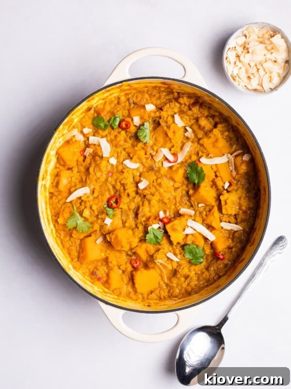 Creamy Pumpkin & Butternut Soup Recipe for Fall Comfort 11 Coconut Dhal served with fresh coriander and coconut flakes.