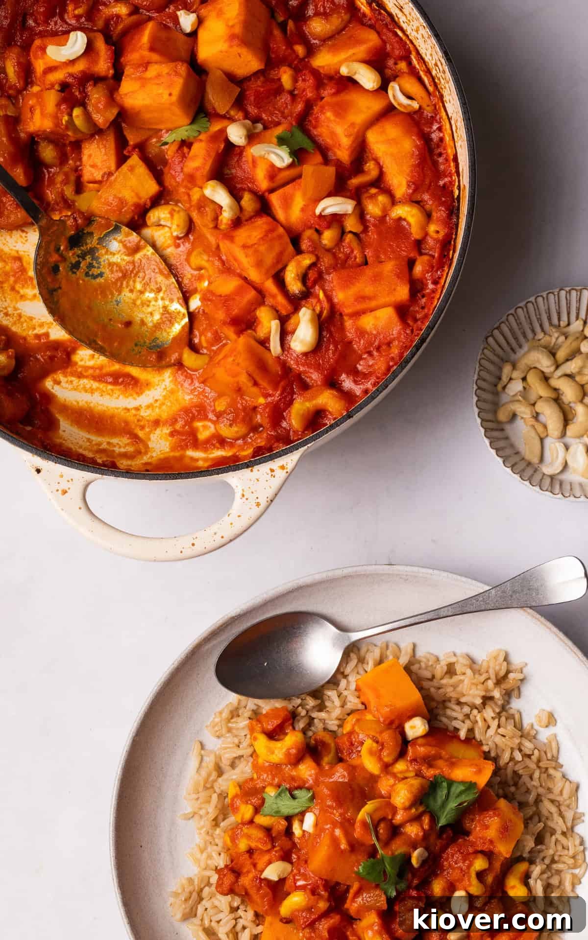 Butternut Squash Curry with apricots served on a plate.