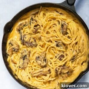Creamy Mushroom Alfredo Pasta Recipe for Dinner 13 Mushroom Alfredo in a pan.